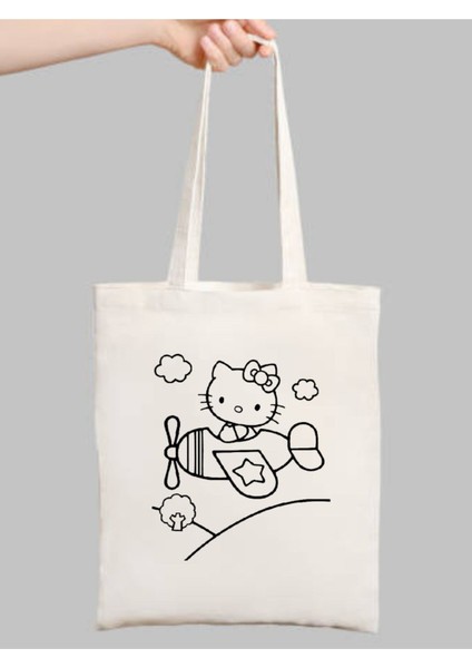 Hello Kitty Uçaklı Boyama Çantası, Boyama Bez Çanta Tote Bag fiyatları