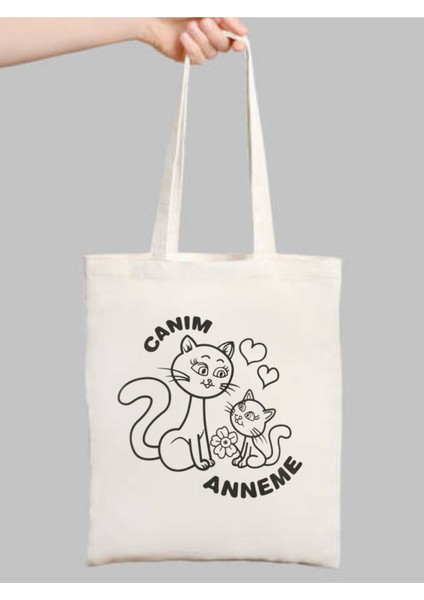 Canım Annem, Kedili Anneler Günü Çocuk Boyama Çantası, Anaokulu Boyama Bez Çanta Tote Bag