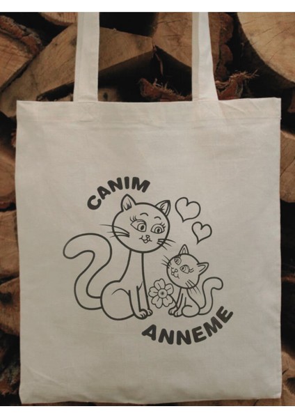 Canım Annem, Kedili Anneler Günü Çocuk Boyama Çantası, Anaokulu Boyama Bez Çanta Tote Bag