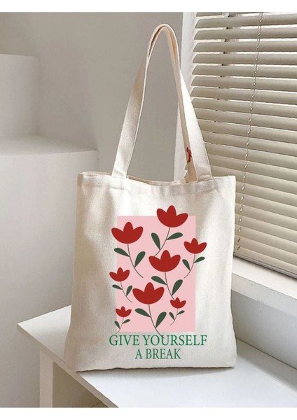 Give Yourself Break Kalın Kanvas, Rips Tote Bag Bez Çanta, Pinterest Çanta, Kitap Çantası, Y2k Çanta modelleri
