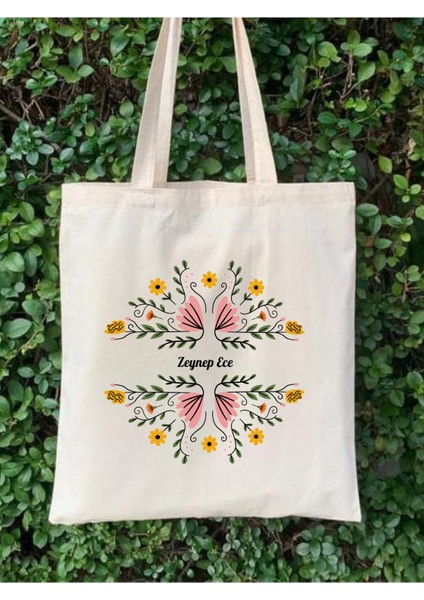 Isme Özel Hediye Çanta, Çiçekli Kişiye Özel Tote Bag, Kitap Çantası, Shopper Bag, Omuz Çantası
