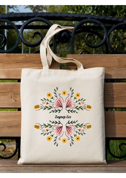 Isme Özel Hediye Çanta, Çiçekli Kişiye Özel Tote Bag, Kitap Çantası, Shopper Bag, Omuz Çantası modelleri