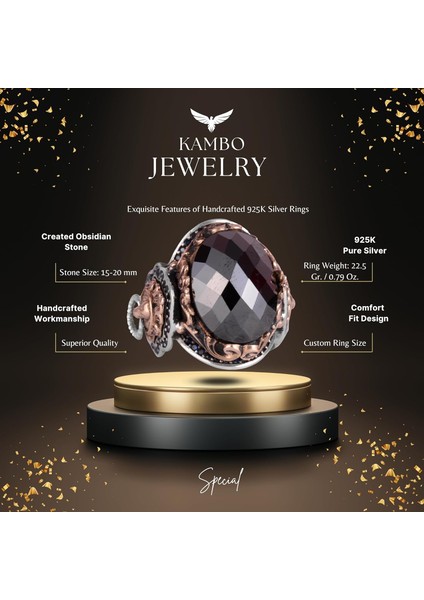 925 Ayar Gümüş Erkek Yüzük, El Yapımı Aslan Başı Erkek Yüzük, Zarif El Yapımı Gümüş Yüzük (Oluşturulmuş Obsidiyen) fiyatları