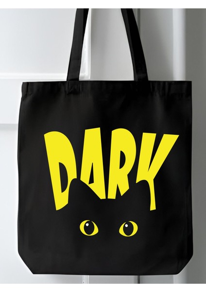Yellow Dark Cat Design Kalın Kanvas Y2k Bez Çanta, Omuz Çanta, Tote Bag