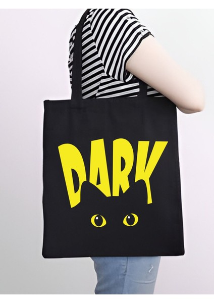 Yellow Dark Cat Design Kalın Kanvas Y2k Bez Çanta, Omuz Çanta, Tote Bag modelleri