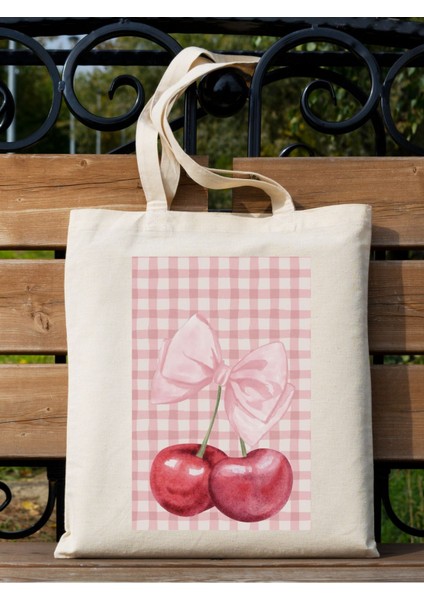 Y2k Cherry Bows Pink-Red Retro Tasarım Kirazlı Ham Bez Tote Bag Çanta, Pinterest Çanta