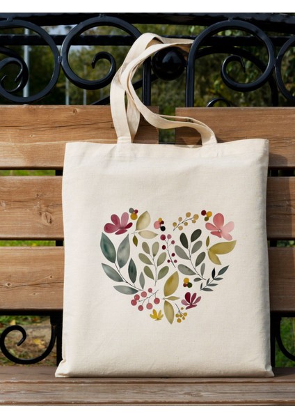 Kalpli Çiçekli Ham Bez Tote Bag Çanta, Anneler Günü Hediyesi, Pinterest Çanta