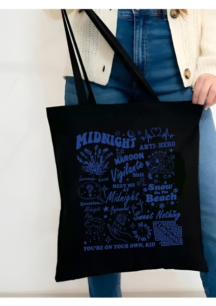 Taylor Swift Midnight Siyah Kanvas Tote Bag Bez Çanta, Pinterest Çanta, Kitap Çantası
