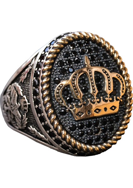 925 Ayar Gümüş Kral Taç Yüzük - Doğal Oniks Taşı - Erkekler Için Görkemli Takı