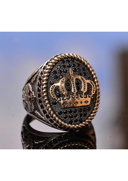 925 Ayar Gümüş Kral Taç Yüzük - Doğal Oniks Taşı - Erkekler Için Görkemli Takı modelleri