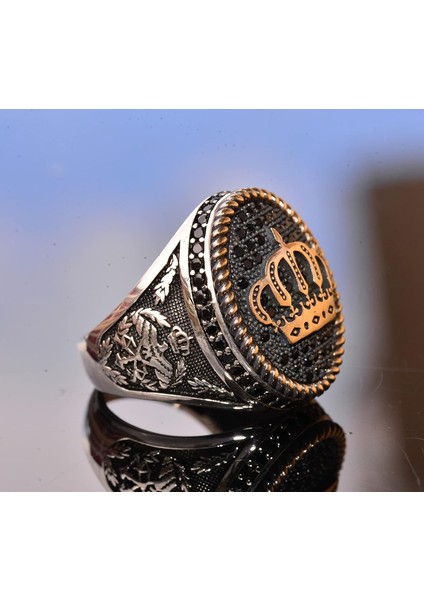 925 Ayar Gümüş Kral Taç Yüzük - Doğal Oniks Taşı - Erkekler Için Görkemli Takı fırsatları