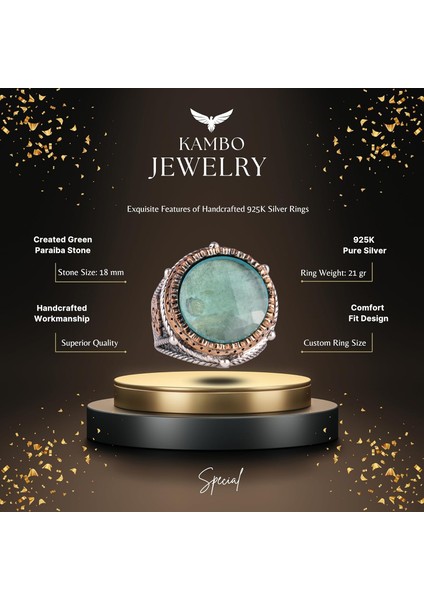 El Yapımı Taşlı Erkek Yüzük - 925 Ayar Gümüş Erkek Yüzük, Farklı ve Özgün Tasarım (Yapay Yeşil Paraiba) fiyatları