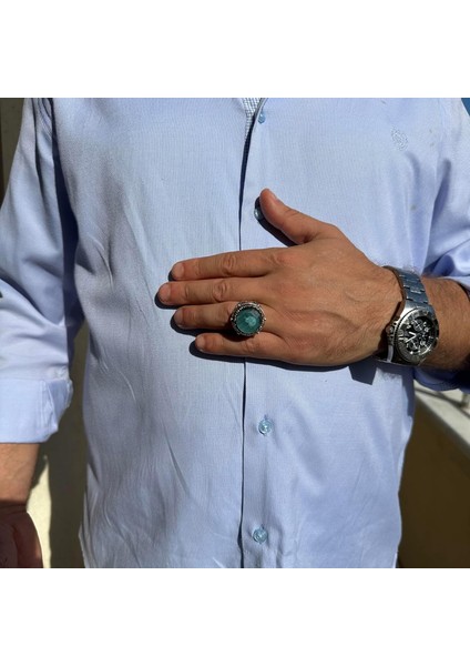 El Yapımı Taşlı Erkek Yüzük - 925 Ayar Gümüş Erkek Yüzük, Farklı ve Özgün Tasarım (Yapay Yeşil Paraiba) modelleri
