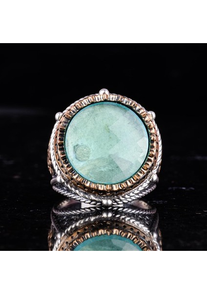 El Yapımı Taşlı Erkek Yüzük - 925 Ayar Gümüş Erkek Yüzük, Farklı ve Özgün Tasarım (Yapay Yeşil Paraiba) fırsatları