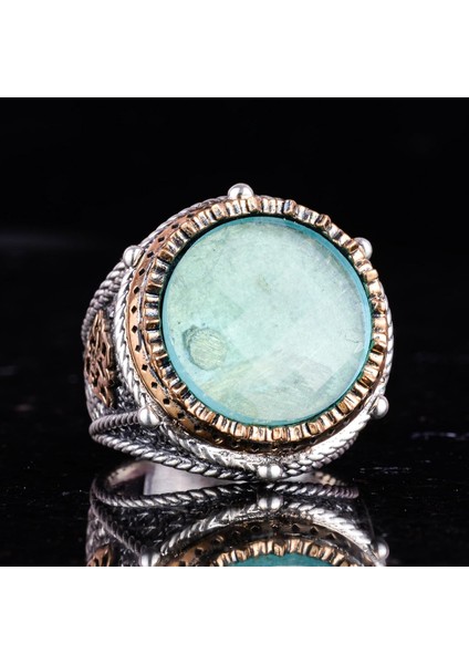 El Yapımı Taşlı Erkek Yüzük - 925 Ayar Gümüş Erkek Yüzük, Farklı ve Özgün Tasarım (Yapay Yeşil Paraiba) indirimleri