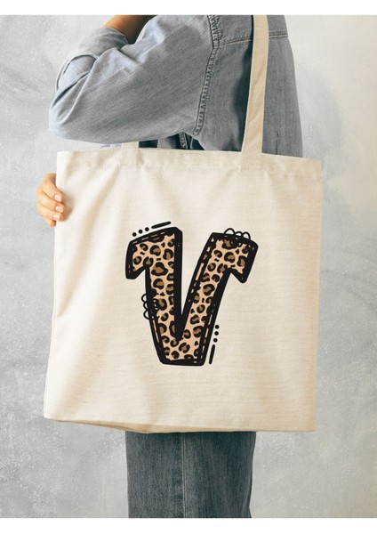 Leopar V Harfi Desenli, Y2 Pinterest Retro Bez Çanta Tote Bag, Hediye Çanta fırsatları