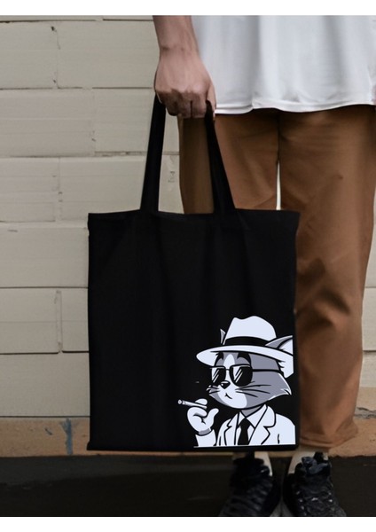 Smoke Cat Tasarım Siyah Kalın Kanvas Bez Çanta, Omuz Çanta, Tote Bag, Unisex Sokak Tarzı