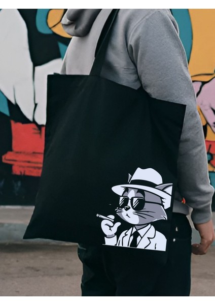 Smoke Cat Tasarım Siyah Kalın Kanvas Bez Çanta, Omuz Çanta, Tote Bag, Unisex Sokak Tarzı fiyatları