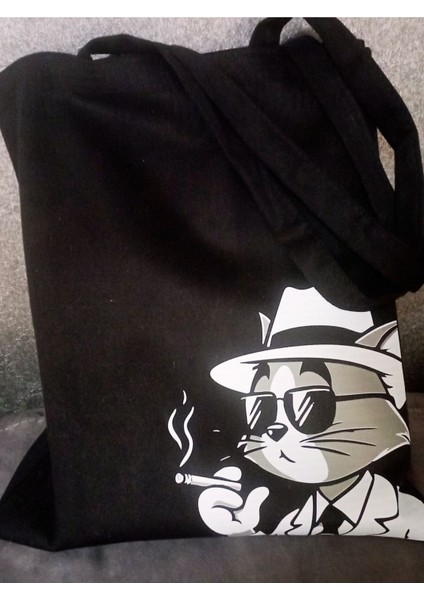 Smoke Cat Tasarım Siyah Kalın Kanvas Bez Çanta, Omuz Çanta, Tote Bag, Unisex Sokak Tarzı fırsatları