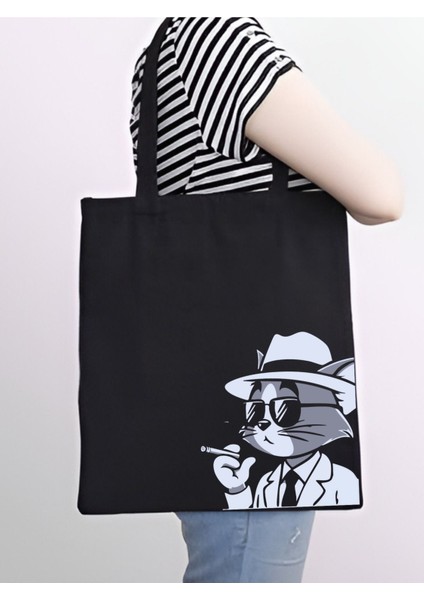 Smoke Cat Tasarım Siyah Kalın Kanvas Bez Çanta, Omuz Çanta, Tote Bag, Unisex Sokak Tarzı indirimleri