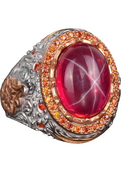 El Yapımı 925 Ayar Gümüş Kral Yüzük, Yıldız Yakut Taş - Erkekler Için Şık Doğal Taş Takı