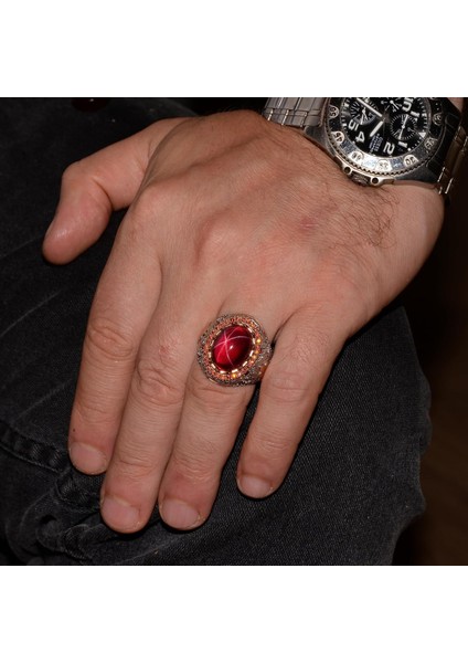 El Yapımı 925 Ayar Gümüş Kral Yüzük, Yıldız Yakut Taş - Erkekler Için Şık Doğal Taş Takı modelleri