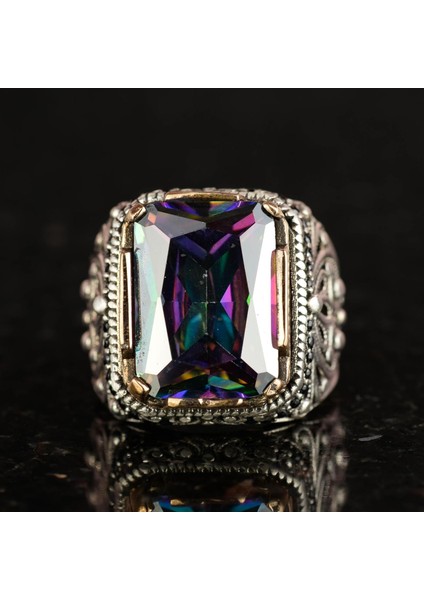 925 Ayar Gümüş Yüzük, Doğal Olmayan Mystic Topaz Taşlı Gümüş Yüzük, Mystic Topaz Gümüş Erkek Yüzük (Özelleştirilebilir) fırsatları