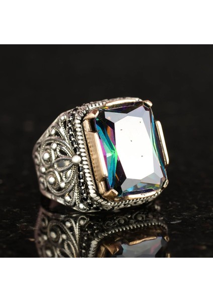 925 Ayar Gümüş Yüzük, Doğal Olmayan Mystic Topaz Taşlı Gümüş Yüzük, Mystic Topaz Gümüş Erkek Yüzük (Özelleştirilebilir) indirimleri