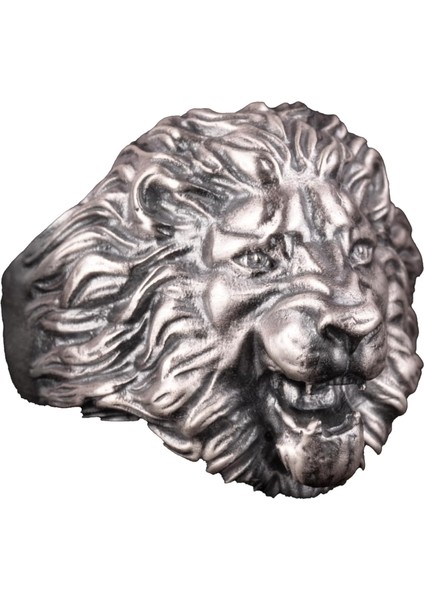 925 Ayar Gümüş Erkek Yüzük - Aslan Başı Figürlü Güç Sembolü Yüzük - El Yapımı Vintage Tasarım