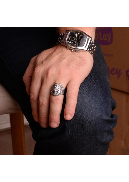 925 Ayar Gümüş Erkek Yüzük - Aslan Başı Figürlü Güç Sembolü Yüzük - El Yapımı Vintage Tasarım fiyatları