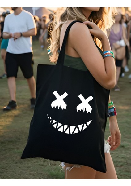 Alice In Wonderland Cheshire Siyah Kalın Kanvas Y2k Bez Çanta, Omuz Çanta, Tote Bag