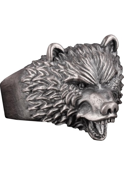 Ayı Başlı Erkek Yüzük - Hayvan Yüzüğü, Kızgın Ayı Başlı Erkek Yüzüğü, 925 Ayar Gümüş Yüzük