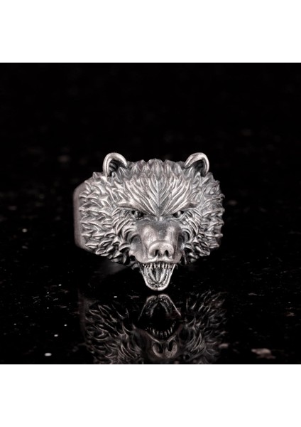 Ayı Başlı Erkek Yüzük - Hayvan Yüzüğü, Kızgın Ayı Başlı Erkek Yüzüğü, 925 Ayar Gümüş Yüzük modelleri