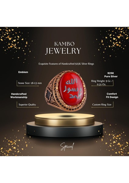 Erkek Islami Yüzük - 925 Ayar Gümüş Altın Kaplama Erkek Yüzüğü (Kırmızı) fiyatları