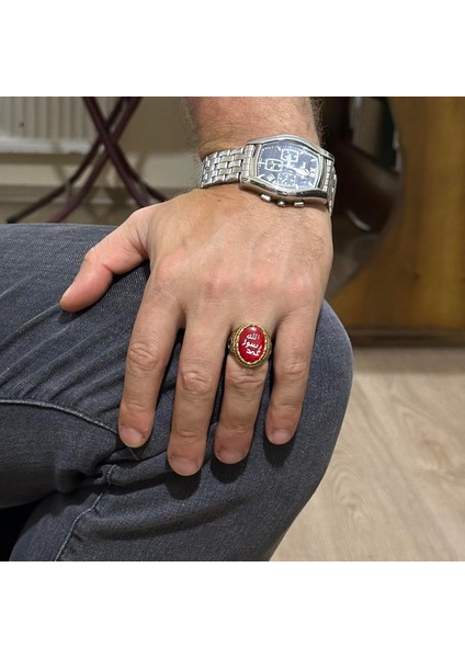 Erkek Islami Yüzük - 925 Ayar Gümüş Altın Kaplama Erkek Yüzüğü (Kırmızı) modelleri