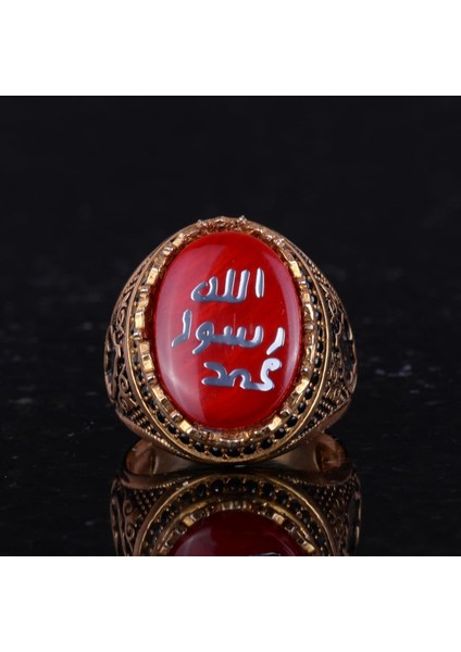 Erkek Islami Yüzük - 925 Ayar Gümüş Altın Kaplama Erkek Yüzüğü (Kırmızı) fırsatları
