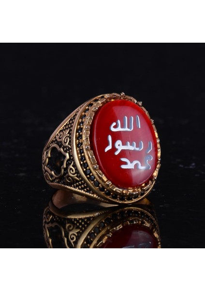 Erkek Islami Yüzük - 925 Ayar Gümüş Altın Kaplama Erkek Yüzüğü (Kırmızı) indirimleri