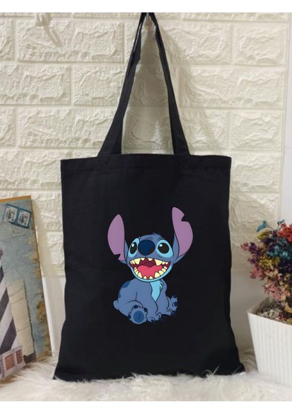 Stitch Tote Bag Bez Çanta Siyah Keten Kalın Bez Çanta Tote Bag Kanvas Omuz Çantası, Shopper Bag