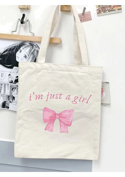 I'm Just A Girl Tasarım Y2k Ham Bez Tote Bag Çanta, Pinterest Çanta modelleri