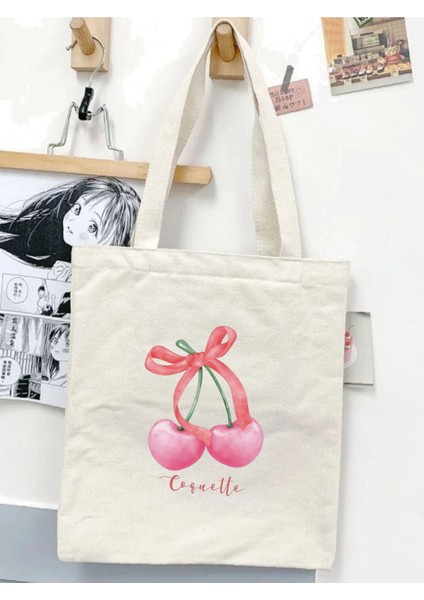 Y2k Bows Coquette Pinterest Cherry Kurdeleler Retro Unisex Bez Çanta Tote Bag