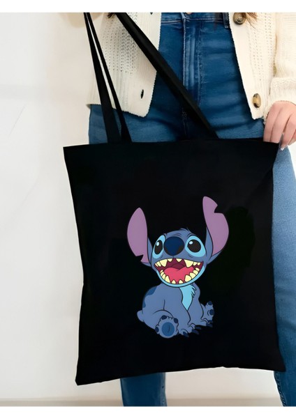 Stitch Siyah Kanvas Tote Bag Bez Çanta, Pinterest Çanta, Kitap Çantası