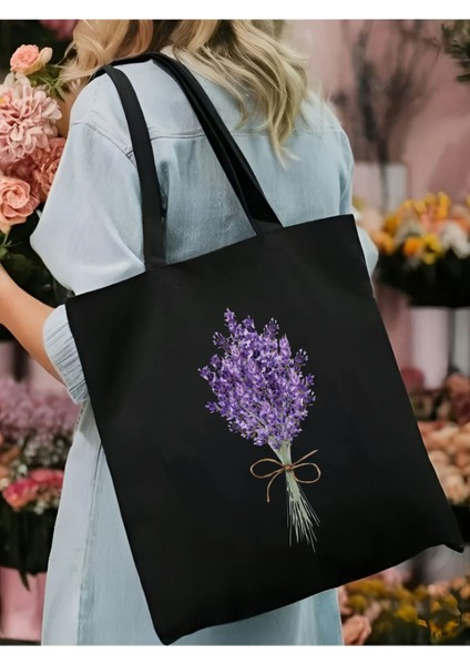 Lavanta Tasarım Siyah Kanvas Tote Bag Bez Çanta, Pinterest Çanta, Kitap Çantası