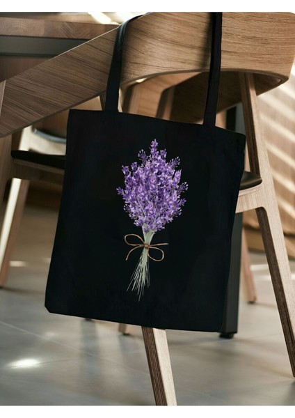 Lavanta Tasarım Siyah Kanvas Tote Bag Bez Çanta, Pinterest Çanta, Kitap Çantası modelleri