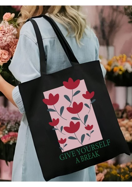 Give Yourself Break Siyah Kalın Kanvas Tote Bag Bez Çanta, Pinterest Çanta, Kitap Çantası, Y2k Çanta