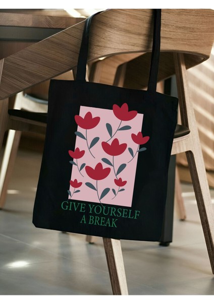 Give Yourself Break Siyah Kalın Kanvas Tote Bag Bez Çanta, Pinterest Çanta, Kitap Çantası, Y2k Çanta fiyatları
