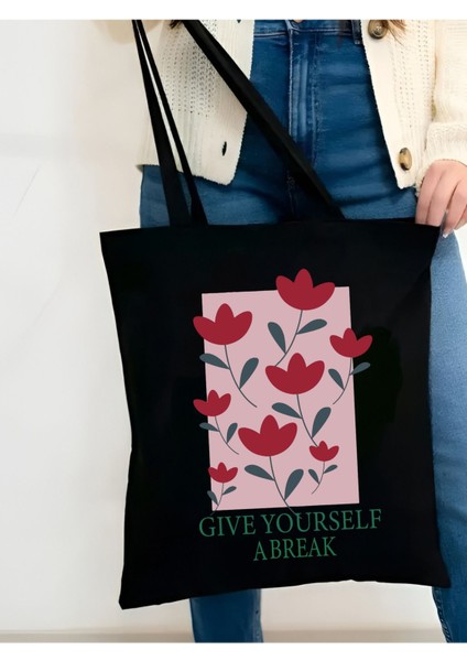 Give Yourself Break Siyah Kalın Kanvas Tote Bag Bez Çanta, Pinterest Çanta, Kitap Çantası, Y2k Çanta modelleri
