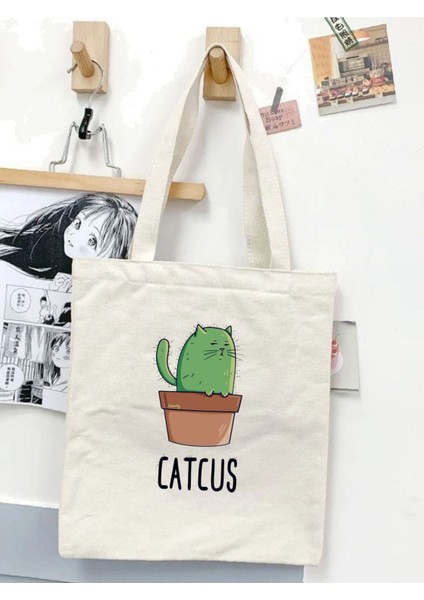 Catcus Cute Animal Kore, Y2k Pinterest Retro Unisex Bez Çanta Tote Bag, Shopper Bag