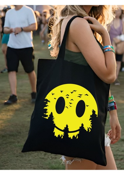 Yellow Smile Design Y2k Tote Bag, Siyah Kalın Kanvas Y2k Bez Çanta, Omuz Çanta, Tote Bag fiyatları