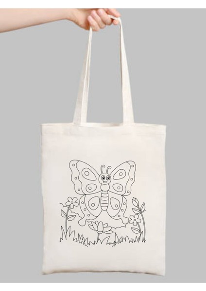 Kelebekli Çiçekli Çocuk Boyama Çantası, Anaokulu Boyama Bez Çanta Tote Bag