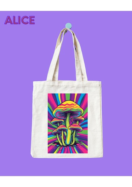 Psydelic Alice Psychedelic Illustration Tote Bag, Mushroom Trance Goa Hippi Kanvas Bez Çanta